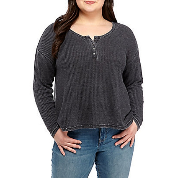 Plus Size Waffle Knit Long Sleeve Henley Tee/Top - Picture 4 of 5